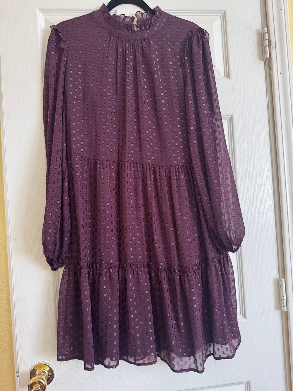 Tommy Hilfiger Plum Dot-Textured Tiered Long-Sleeve Dress